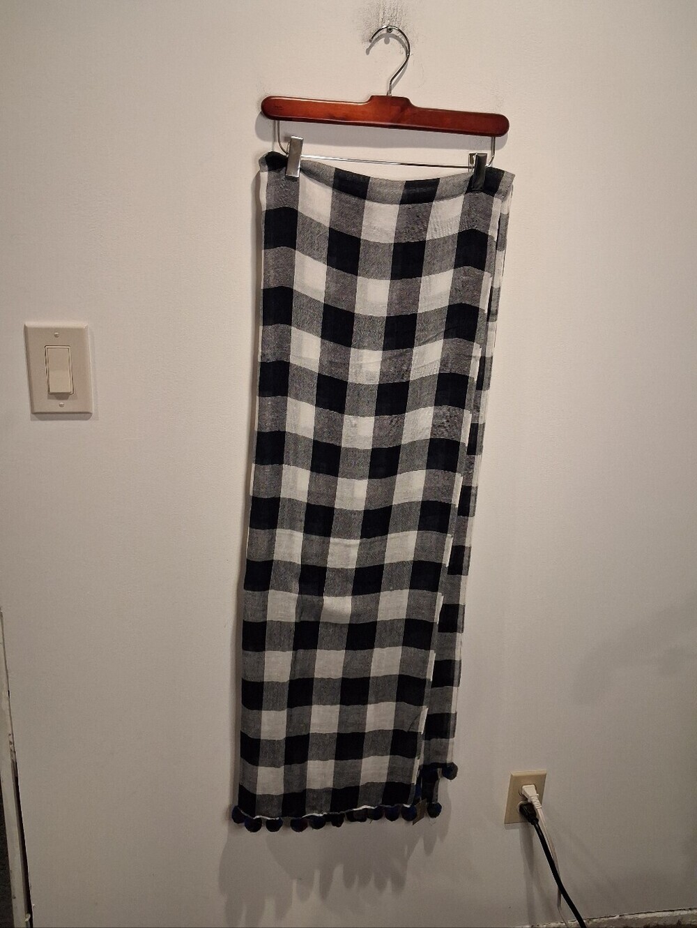 J Crew Cotton/linen Navy Check Gingham Scarf/wrap W/poms Small Flaw